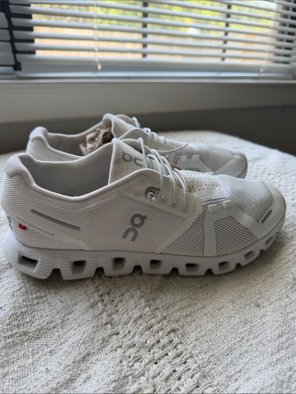 On Running women’s Cloud 5 Shoes in White with Gray Accents